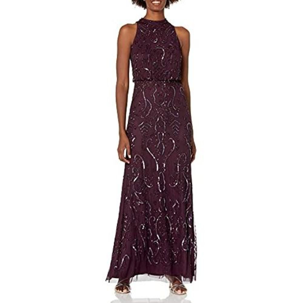 Adrianna Papell Womens Beaded MESH Dress, night plum w/silver beads.  Size 14.